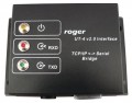 Roger UT4v2 kommunikációs interfész, TCP/IP konverter, 10-15 VDC, átlag 75mA, max. 150mA, RS232, RxD, TxD, RTS, CTS, GND, RS485, TxA, TxB, RxA, RxB, 110g, 100x68x35