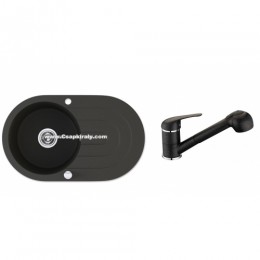 Laveo Dafne gránit mosogató fekete 780 x 470 x 190 mm SGD 781T + kihúzhatófejes mosogató csaptelep fekete BLG 769D --
