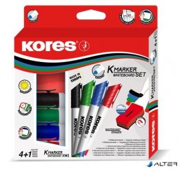 KORES Tábla- és flipchart marker készlet mágneses táblatörlő szivaccsal, 1-3 mm, kúpos , 4 különböző szín