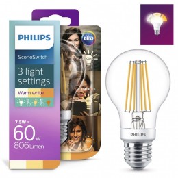 Philips E27 LED 7,5W 806/320/150lm 2700-2200K SceneSwitch normál kapcsolóval szabályozható